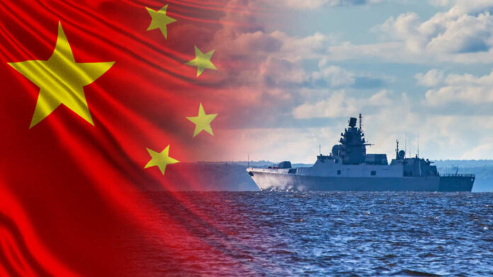 Border,Boat,On,The,Background,Of,The,Flag,Of,China.