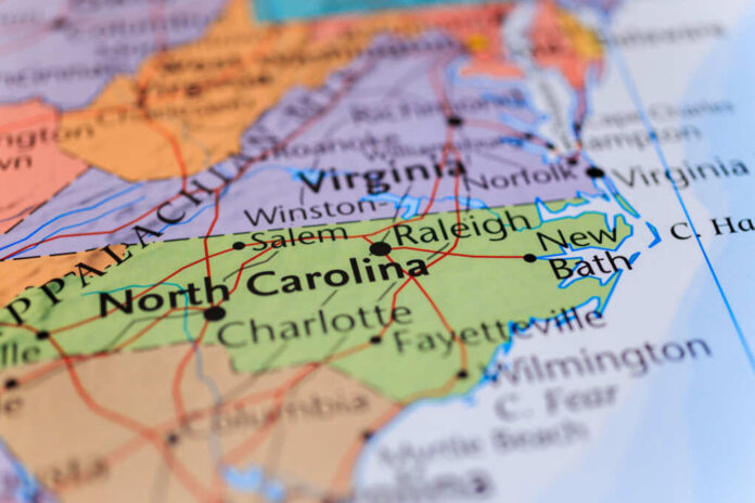 Close-up of a map highlighting North Carolina and surrounding states