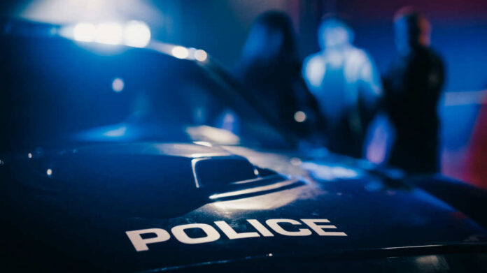 Close-up of a police car with emergency lights in a blurred background
