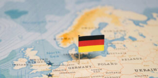 Map of Europe with a small German flag pin marking Germany