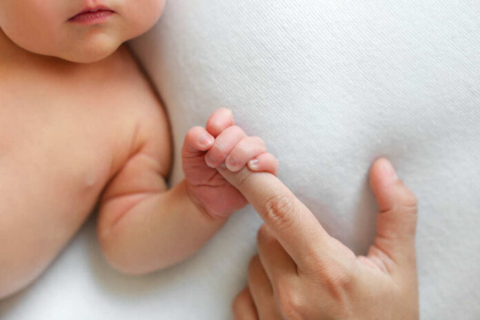 A close-up of a babys hand grasping an adult finger