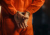 Individual in an orange jumpsuit with hands cuffed behind their back