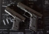 Two Glock handguns displayed on a schematic background