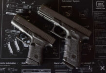 Two Glock handguns displayed on a schematic background
