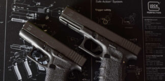Two Glock handguns displayed on a schematic background