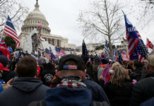 Crowd of protesters with American flags gathered in front of the Capitol building