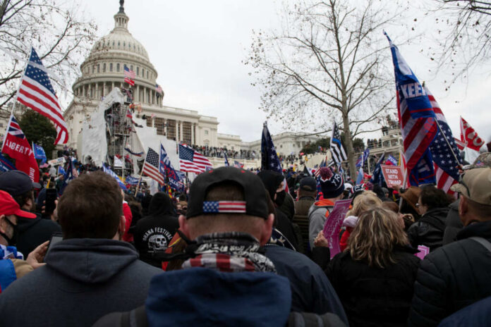 Crowd of protesters with American flags gathered in front of the Capitol building