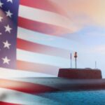 A submarine partially submerged in water with an American flag overlay
