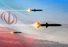 Missiles launching against a backdrop of the Iranian flag