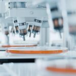 Automated laboratory equipment with robotic arms dispensing liquids into petri dishes