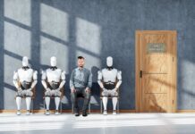 Robots Take Over Hotels—Humans Still Needed! A man sitting between three humanoid robots in a waiting room for a job interview