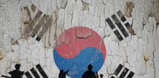 Silhouettes of soldiers in front of the South Korean flag on a cracked wall