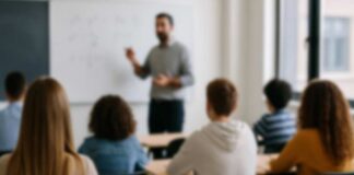 Teacher presenting to students in a classroom