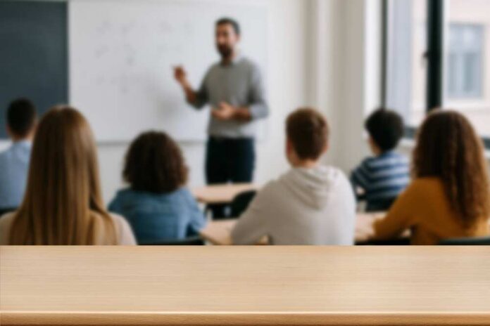 shutterstock_2662468223.jpg Teacher presenting to students in a classroom