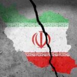 Map of Iran with the national flag displayed, featuring a crack through it