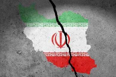 Map of Iran with the national flag displayed, featuring a crack through it