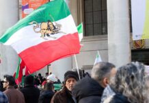 Crowd holding Iranian flags during a protest