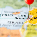 Close-up of a map showing Beirut with a red location pin