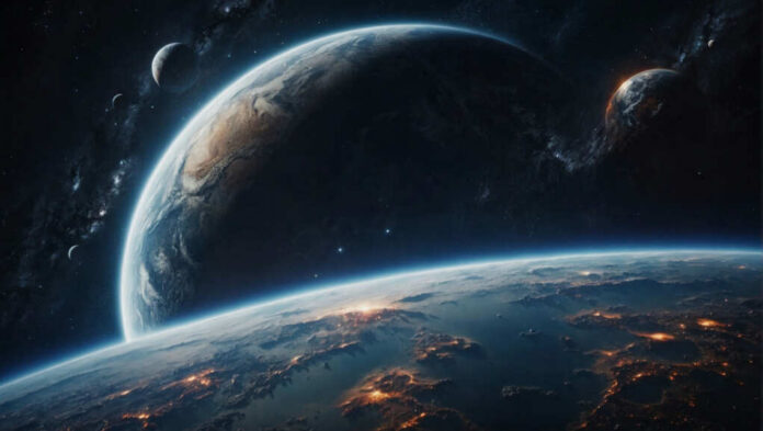 A stunning view of Earth from space with multiple planets in the background