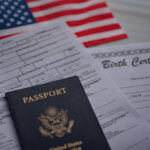 A passport and birth certificate on a table with an American flag in the background