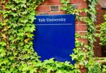 Sign for Yale University partially covered by ivy