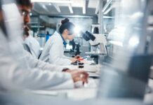 Scientists working in a laboratory with microscopes and test tubes