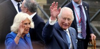 Royal couple waving to the crowd during a public event