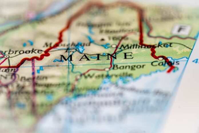 Close-up view of a map highlighting the state of Maine
