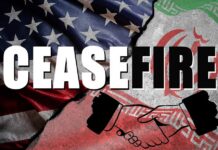 Graphic depicting a ceasefire between the US and Iran with flags and a handshake