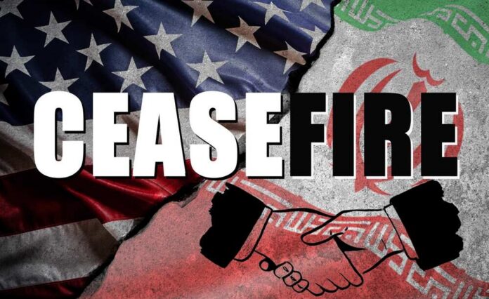 Graphic depicting a ceasefire between the US and Iran with flags and a handshake
