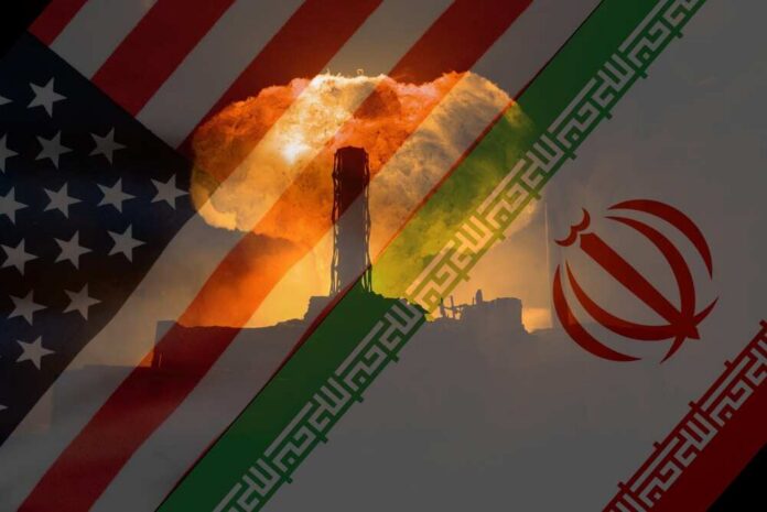 shutterstock_2757388455.jpg An artistic representation of the US and Iran flags with a nuclear explosion in the background