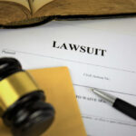 A gavel resting on a legal document titled 'LAWSUIT' with a pen and an open book in the background