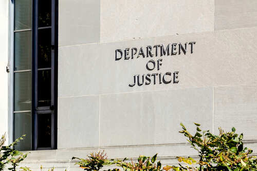 Washington,D.c.,,Usa,-,March,1,,2020:,Sign,Of,United Sign on the exterior wall of the Department of Justice building