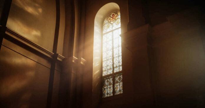 Sunlight streaming through a stained glass window in a church