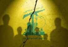 Hezbollah Stunned: Ridge Falls Overnight Silhouettes of two figures against a yellow background featuring Hezbollah's emblem