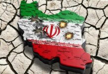 Map of Iran with military jets and explosions depicted