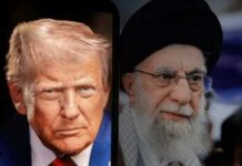 Side-by-side portraits of Donald Trump and Ali Khamenei