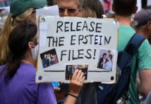A person holding a protest sign that reads 'Release the Epstein Files!' with photos attached