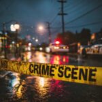 Police cars at a crime scene with caution tape in the foreground