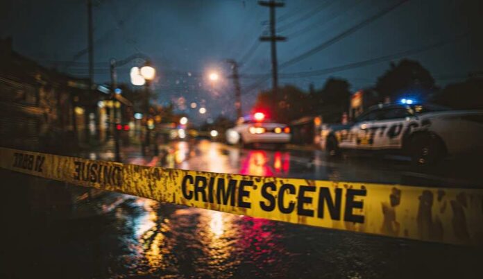 Yellow,Crime,Scene,Tape,Blocks,A,Wet,Street,At,Night Police cars at a crime scene with caution tape in the foreground