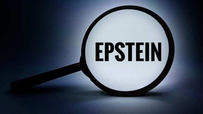 A magnifying glass highlighting the word 'EPSTEIN' against a dark background