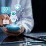 Healthcare professional interacting with a smartphone displaying health-related icons