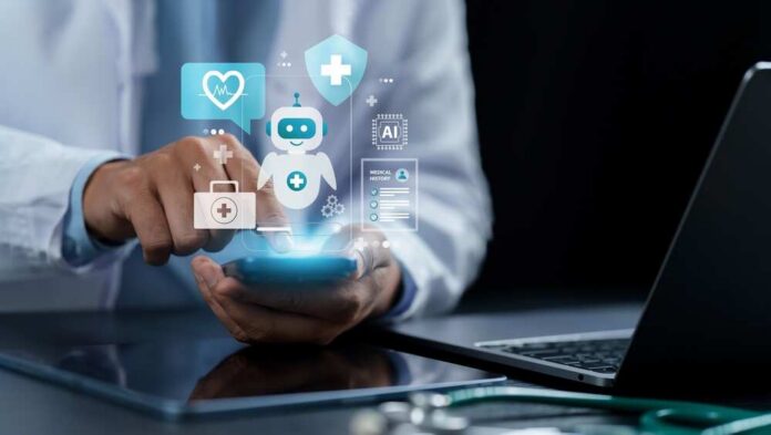 shutterstock_2751854555.jpg Healthcare professional interacting with a smartphone displaying health-related icons