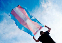 Heritage Shock: DAR Vote Ignites Uproar Person holding a transgender pride flag against a blue sky