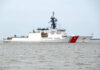 U.S. Coast Guard patrol vessel navigating through the ocean