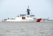 U.S. Coast Guard patrol vessel navigating through the ocean