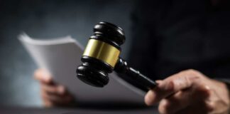 A gavel held above a sounding block with a person reading documents in the background