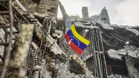 Venezuelan flag among ruins of a collapsed concrete building