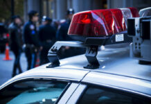 Mystery Boom Triggers Massive I‑290 Lockdown Close-up of a police car with red lights and officers in the background