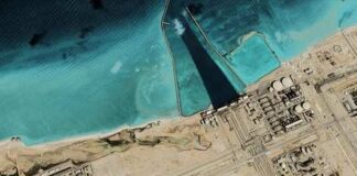 Satellite view of coastal industrial complex with seawater inlet and turquoise shallows